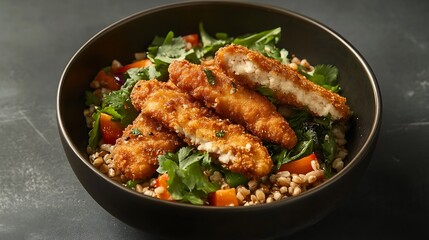 Fototapeta premium Vegan meatless plant based protein chicken strips with a seven grain