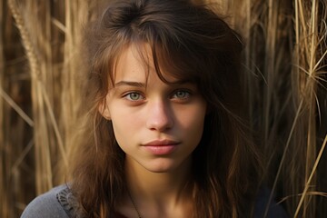 Fototapeta premium A young woman stands against a backdrop of tall, golden grasses, her captivating green eyes reflecting the warm light of the setting sun, creating a moment of tranquility and depth