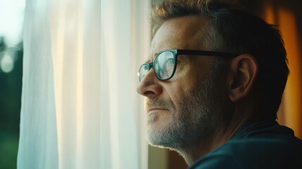 Man Gazing Thoughtfully Through a Window Curtain