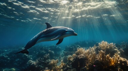 Naklejka premium A dolphin navigating through a maze of coral formations, sunlight filtering through.