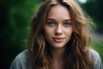 Soft sunlight filters through the trees as a young woman stands confidently. Her long, wavy hair frames her face, and her bright eyes reflect tranquility and joy in this peaceful outdoor setting