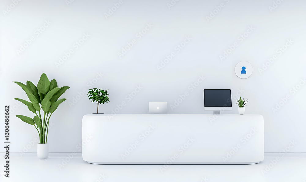 Poster Modern Minimalist Reception Area with Plant and Computer Setup