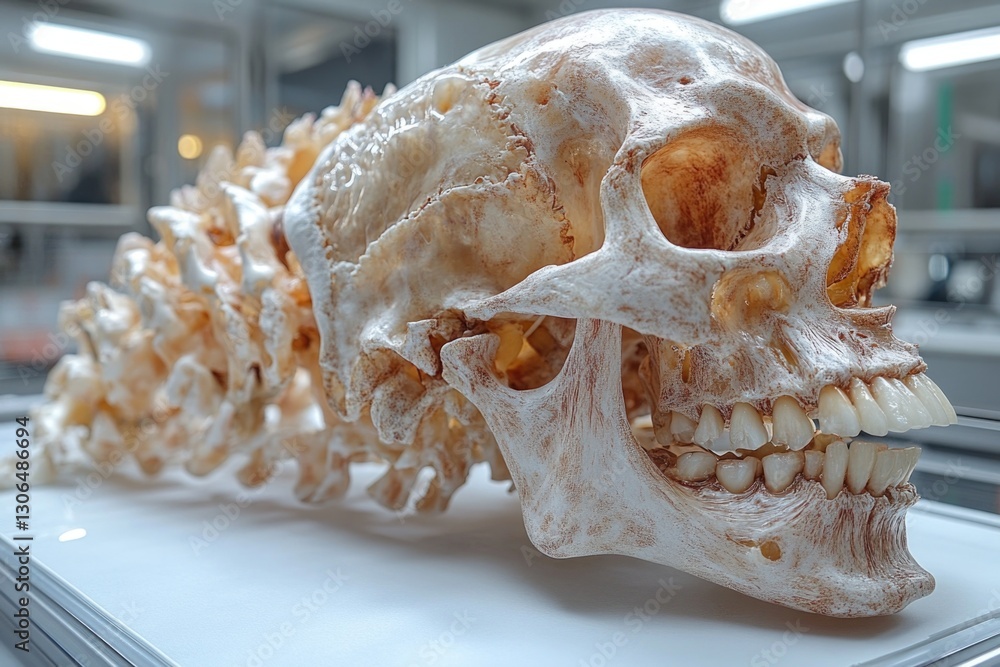 Poster a close-up of a human skull on a dark surface, suitable for use in crime scene or horror-themed scen