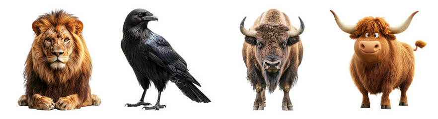 Fototapeta premium Majestic Lion, Intelligent Raven, Strong Bison, Playful Highland Cow, Isolated on Transparent Background