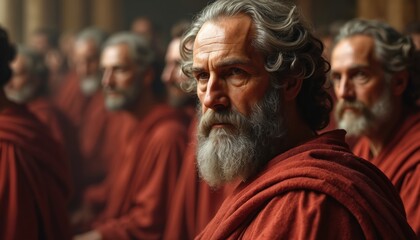 Obraz premium Portrayal of Plato, Athenian philosopher with grey hair, beard, wearing red robe among students. Classical era. He looks like mentor, teacher, spreading wisdom, philosophy, knowledge at academy.
