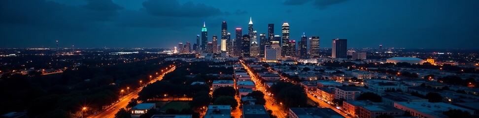 Obraz premium Dramatic aerial shot of Houston skyline at night with illuminated buildings and busy city lights, urban, city lights