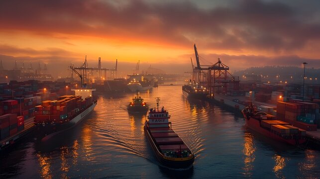 Industrial Port at Dusk A Symphony of Vibrant Hues and Dynamic Activity