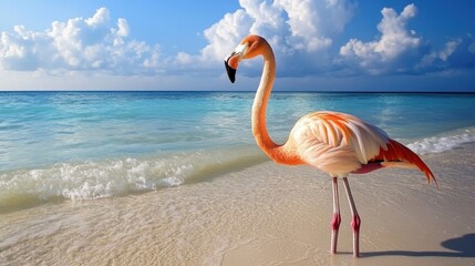 A flamingo resting on a quiet beach, waves lapping at its feet.