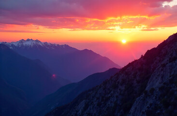 Obraz premium Mountain landscape in pink-orange sunset rays.