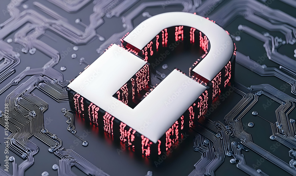 Poster digital lock over circuit board background for cybersecurity concept
