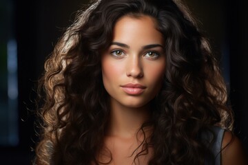 Naklejka premium Captivating moment features a young woman with radiant curly hair looking directly at the viewer. Soft natural light highlights her striking features, creating an intimate atmosphere