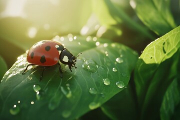 Fototapeta premium ladybug on green leaf with water drop