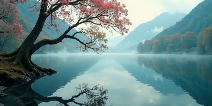 Serene autumnal landscape showcasing a majestic tree with delicate pink and yellow foliage gracefully arching over a tranquil lake, its reflection mirroring the beauty of the misty mountain scenery.