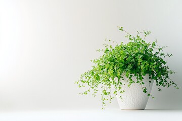Naklejka premium Indoor plant in white pot against white wall; home decor, minimalist design