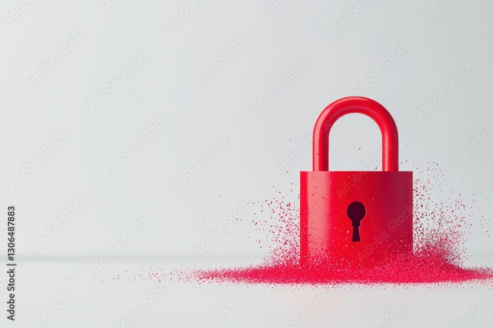 Poster unlocking security red padlock surrounded by floating key particles in a digital landscape