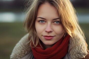 Fototapeta premium A young woman with striking blue eyes and blonde hair gazes softly into the distance, wrapped in a cozy red scarf while enjoying a tranquil outdoor setting as sunlight filters through