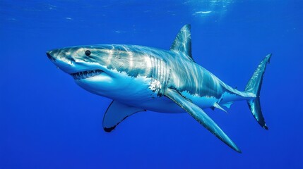 Fototapeta premium A great white shark swimming in deep blue waters, its powerful body gliding effortlessly.