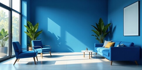 Modern blue office with sleek furniture and plants, plants, workplace