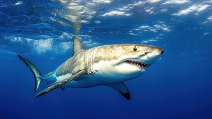 Obraz premium A great white shark swimming in deep blue waters, its powerful body gliding effortlessly.