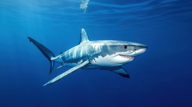 A great white shark swimming in deep blue waters, its powerful body gliding effortlessly.