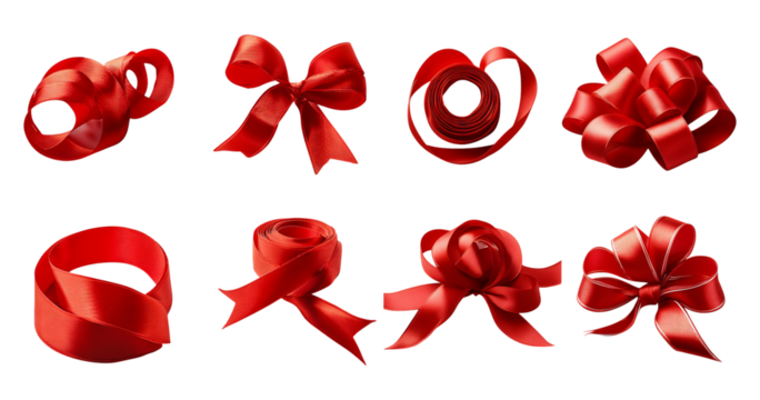 Collection of Different Red Ribbons and Bows for Decor and Crafting, Bundle Set Collection, Isolated on Transparent Background
