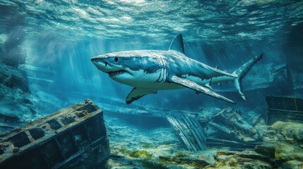 A great white shark swimming over a sunken shipwreck, the remains resting on the ocean floor.
