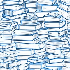 Stacked Books, Blue Line Art, Seamless Pattern, Library Background