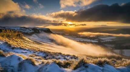 Fototapeta premium Winter landscape features hillside covered in snow during sunset