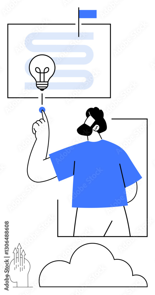 Poster person pointing towards a glowing light bulb representing idea generation, with abstract elements an