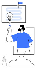 Person pointing towards a glowing light bulb representing idea generation, with abstract elements and a flag in the background. Ideal for creativity, innovation, teamwork, motivation, business