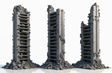 Set of ruined concrete skyscrapers isolated on transparent background. Apocalyptic buildings with city debris, desolate decay, urban towers destroyed during disaster, broken architecture after war,