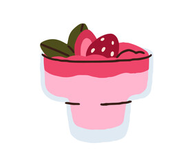Strawberry mousse dessert. Creamy sweet food, fruit treat in glass with fresh berries, whipped cream. Refreshing summer parfait, yogurt snack Flat vector illustration isolated on white background