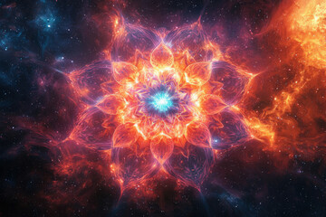 Obraz premium A fiery cosmic flower blossoms in a nebula, radiating vibrant energy and intricate detail.