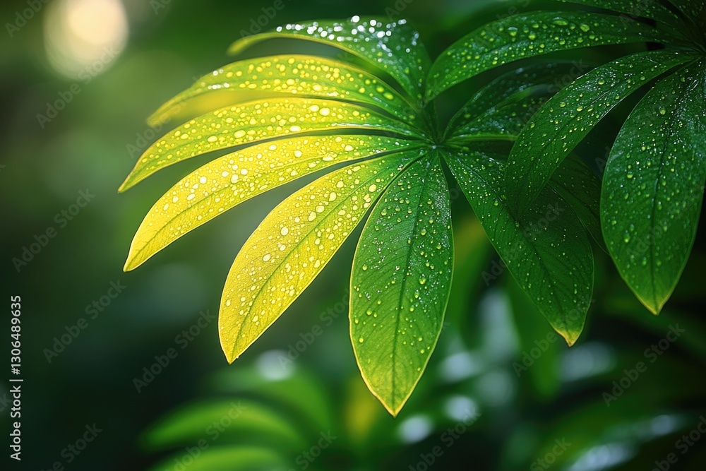 Poster a close-up view of a leaf with water droplets on its surface