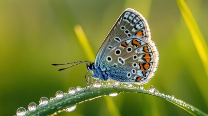 Obraz premium Butterfly resting on a dew-covered blade of grass in the early morning light.