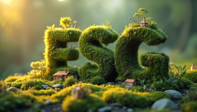 Eco-friendly 3D ESG letters covered with moss. Sustainable future concept with tiny house on green grass field with sunlight. Eco-conscious lifestyle. ESG important part of corporate responsibility. - Powered by Adobe