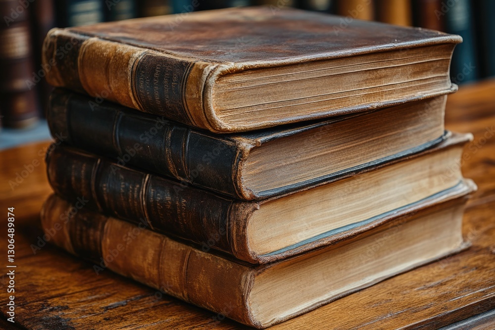 Poster a stack of books sits on top of a wooden table