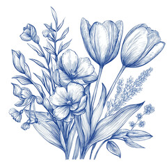 Botanical aesthetic illustration. Meadow and garden flowers. Blue. Tulips 