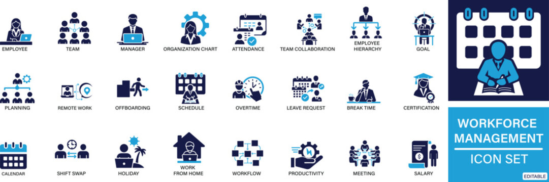 Workforce Management icon set Employee, Team, Manager, Organization chart, Attendance You can easily change the color.