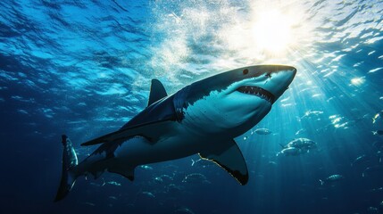 Obraz premium Great white shark gliding through the deep blue, its silhouette cutting through the water.