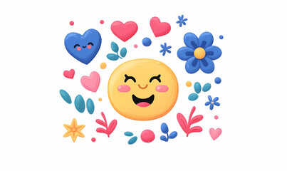 Cheerful Sun Character Surrounded by Colorful Hearts and Flowers