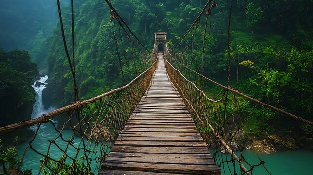 Wooden foot bridge constructed where lodh waterfalls plunges from a hight