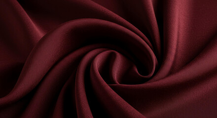 Fototapeta premium Luxurious Maroon Fabric Swirls Draped Textured Textile Deep Red Crepe Material Close Up