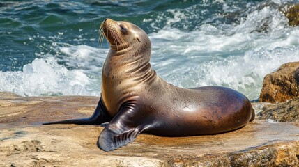 Fototapeta premium Sea lion basking on a rocky shore, waves crashing nearby.