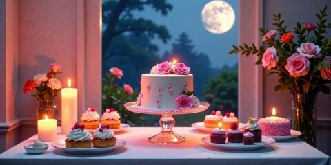 Romantic evening scene with a pink frosted cake, lit candles, and pink roses in soft light