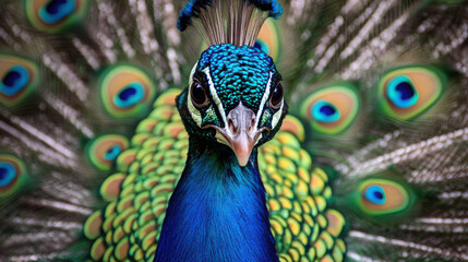 Obraz premium Close-up of a peacock's intricate feather patterns, highlighting the eye spots and shimmering hues in natural light
