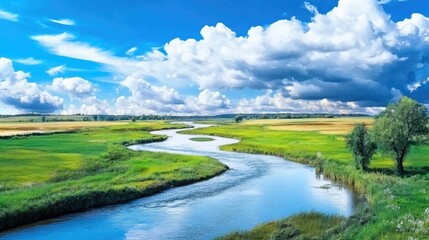 Obraz premium A scenic landscape showing a river and a bright cloudy sky