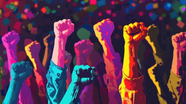 Picture of people raise hand in revolution to change society and get equality. Conflict of woke activist protest for justice in political policy. Teamwork of protester fight against injustice . AIG53.