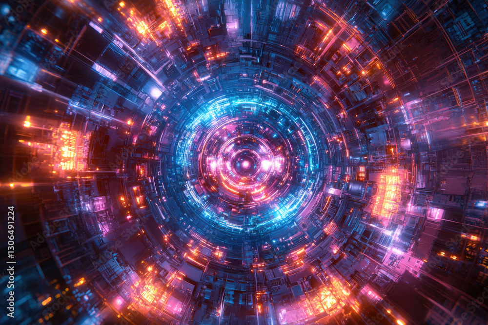 Poster a vibrant, futuristic tunnel with neon lights and intricate circuitry, creating a mesmerizing digita