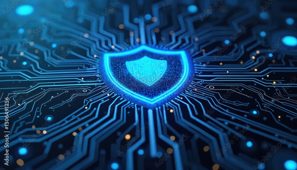 Aufkleber Futuristic blue circuit board features central shield symbol for advanced cybersecurity. Digital electronic system protects data by hi-tech. Secure network communication symbolizes modern tech era.